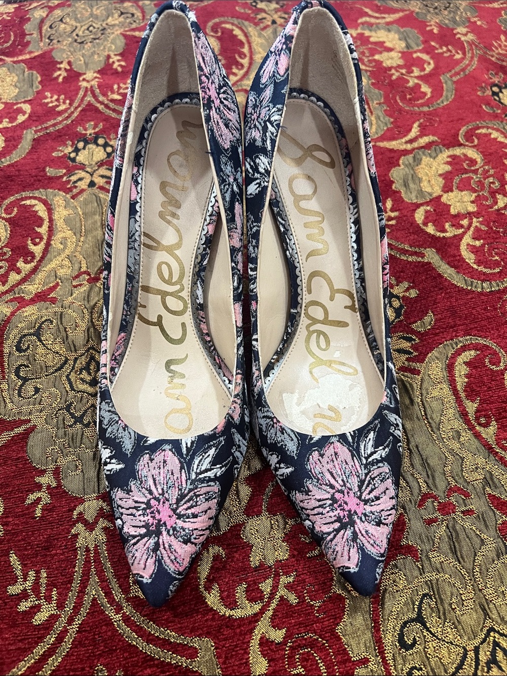 Sam Edelman Navy Floral Pointed Toe Pumps with Pink Flowers